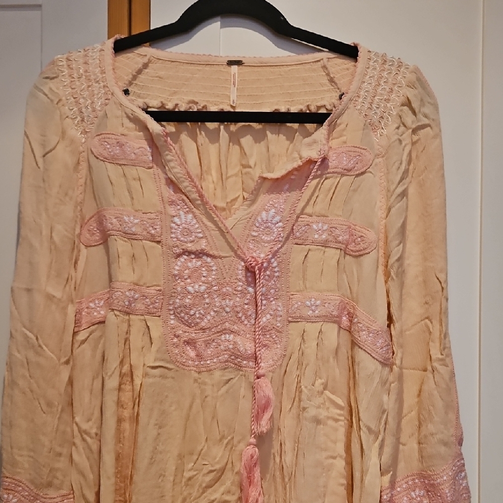 Free People Cream and Pink Embroidered Tunic